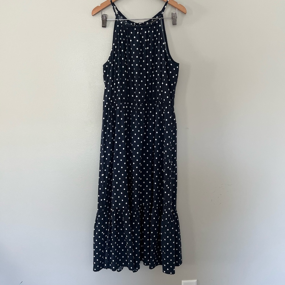 Banana Republic Preppy Navy Polka Dot Tiered Sleeveless Midi Dress